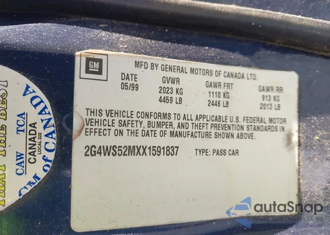 1999 Buick Century Custom из США, поврежденный, VIN 2G4WS52MXX1591837